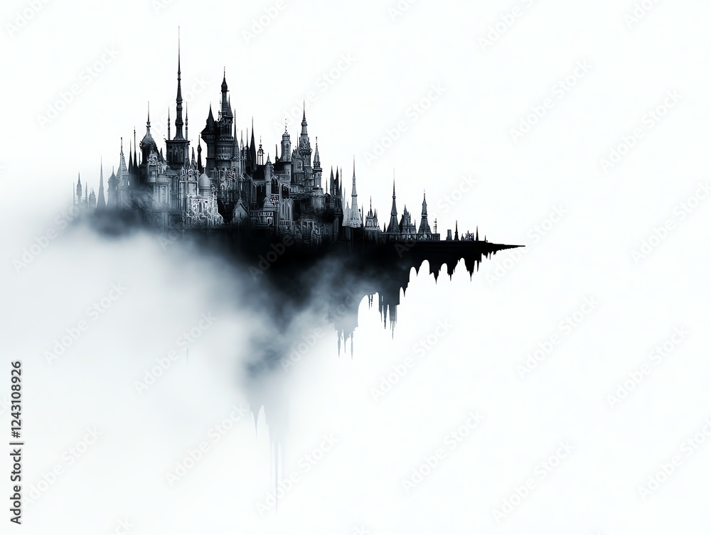 Fototapeta premium A dreamlike floating kingdom built on the back of a colossal, sleeping dragon wrapped in mist