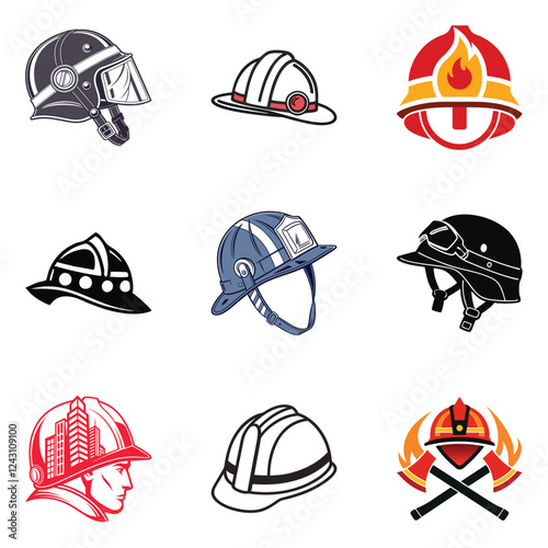A vector set of icons featuring various hats, caps, and helmets. These illustrations include designs of baseball, travel, and sport symbols, along with cartoon-style depictions of sun, sea, and boats.