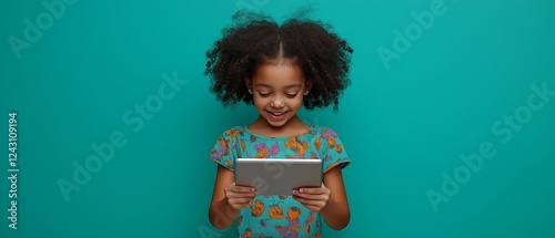 Kids with curly hairstyles laughing while clutching a tablet on a green backdrop