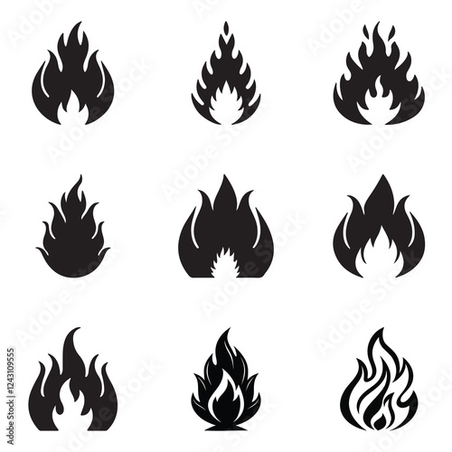 A vibrant vector illustration of a fire icon featuring a burning flame in red, orange, and yellow. This design element represents heat, danger, and flammability, making it ideal