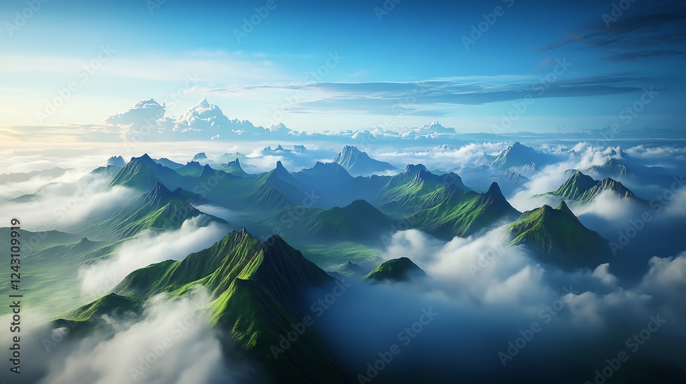 Obraz premium A fantasy landscape where entire mountain ranges levitate and constantly shift positions, creating an everchanging terrain