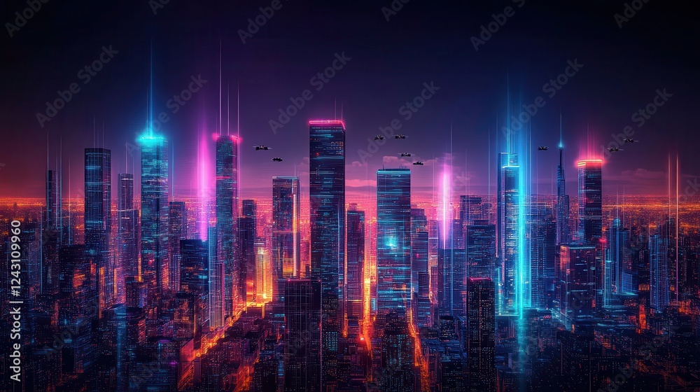 Fototapeta premium Futuristic city skyline with modern architecture and vibrant colors at sunset