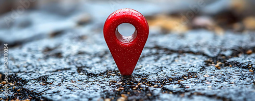 Closeup of a red map pin with water droplets, standing on a dark, textured surface.  Perfect for concepts of location, travel, navigation, or destination.