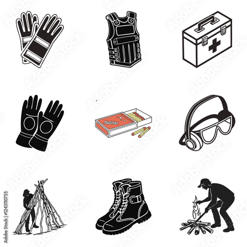 Engineer with personal protective equipment and icons, safety pictograms. Helmet, vest, glasses, gloves, footwear, coverall, ear protection, mask. Industrial safety and occupational health at work