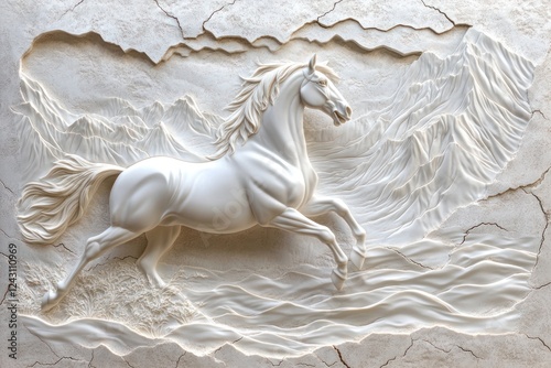 White horse bas-relief, mountain backdrop, home decor photo