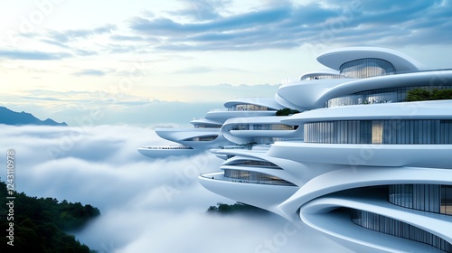 A floating city with twisting, organic architecture that moves and grows as if alive, hidden within rolling clouds