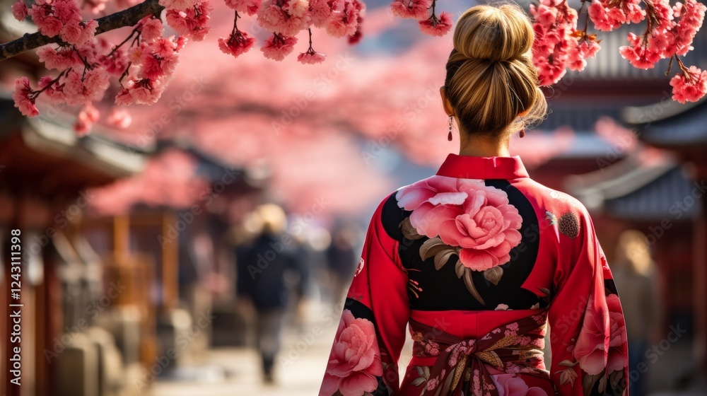 European woman in traditional Japanese kimono walking in the park in cherry blossom spring atmosphere with copy space background European woman in traditional Japanese kimono walking in the park in cherry blossom spring atmosphere with copy space background