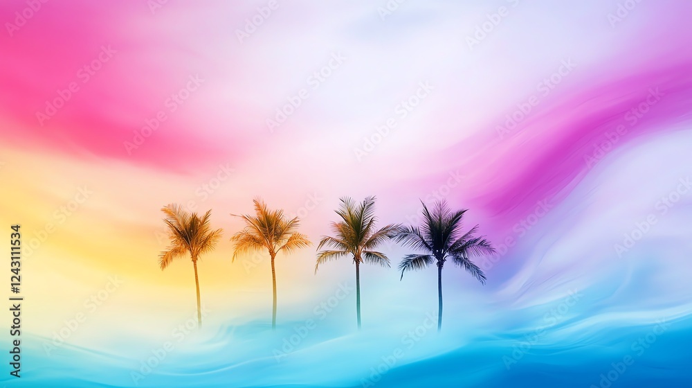 Obraz premium A floating oasis where golden palm trees sway gently under a swirling sky of shifting pastel hues