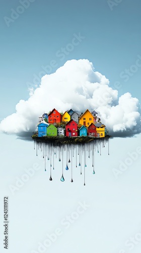 A floating village where houses sit on levitating raindrops, drifting endlessly in a cloudfilled dimension photo