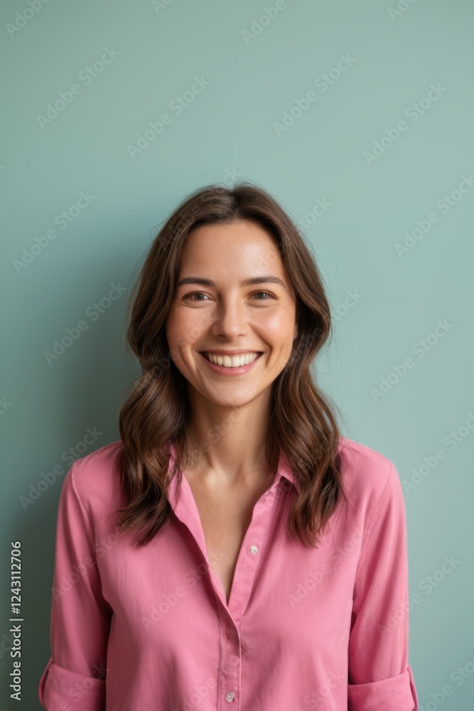 Fototapeta premium smiling woman in pink shirt standing against a blue wall