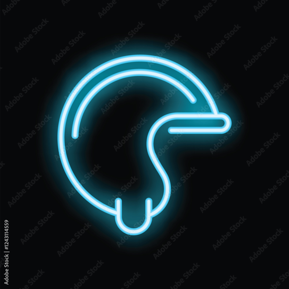 Blue neon sign depicting a motorcycle helmet, shining brightly against a dark backdrop Blue neon sign depicting a motorcycle helmet, shining brightly against a dark backdrop