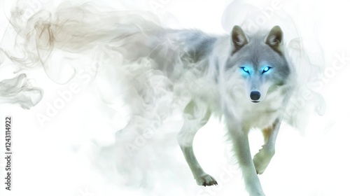 Mystical Wolf with Glowing Eyes Trailing Smoke on White Background Digital Art