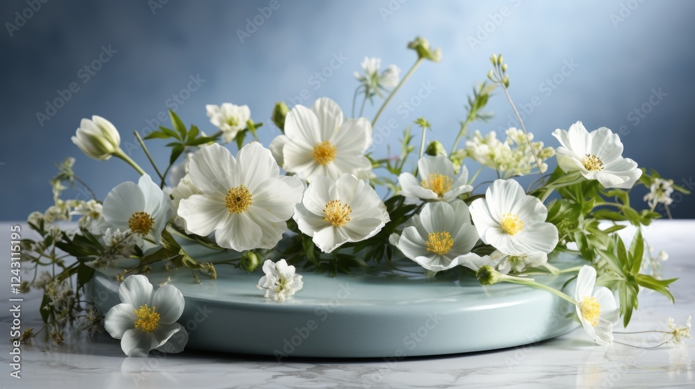 Obraz premium 3D podium with spring floral and spring leaf background ,minimalist style