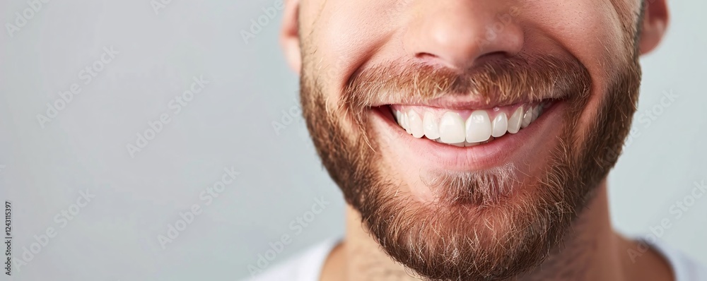Fototapeta premium Man with a beard is showing his perfect white teeth while smiling