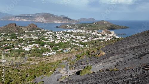 Aerial View of Volcano Island - Vulcano Port in the Aeolian Islands, Tyrrhenian Sea, Sicily, Italy.