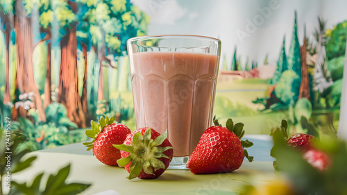 A close-up shot of a glass of fresh strawberry smoothie with whole strawberries on a rustic table, set against a soft-focus vibrant nature background, creating a refreshing summer vibe. 