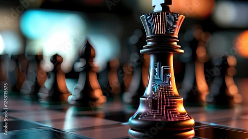 Futuristic Chess King Piece on Digital Board with Circuit Patterns