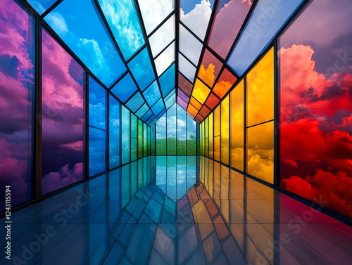 A surreal cathedral built entirely of floating stained glass, changing colors with every shift in the clouds photo