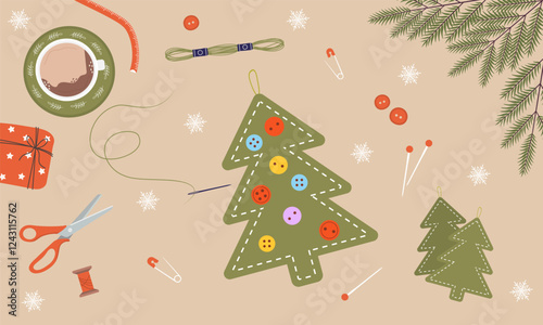 Felt Christmas Tree from fabric, green threads, jute. Top view on workplace. Process of handmade toys. DIY holiday decorations. Vector illustration in flat cartoon style.
