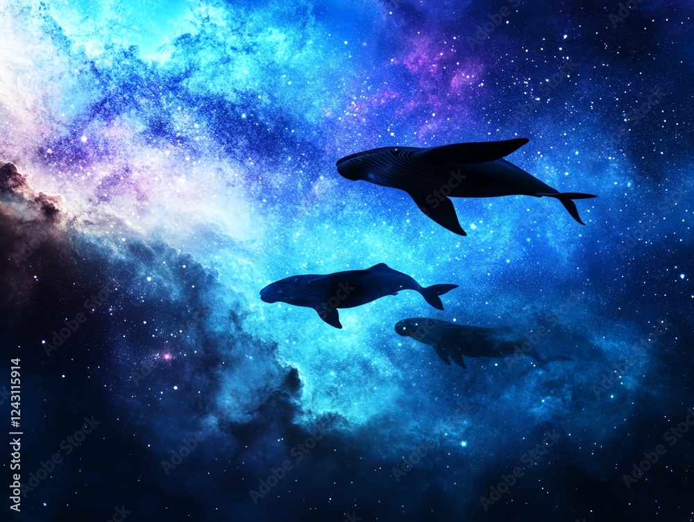 Fototapeta premium A surreal cosmic ocean where whales and manta rays swim through the air, leaving trails of stardust