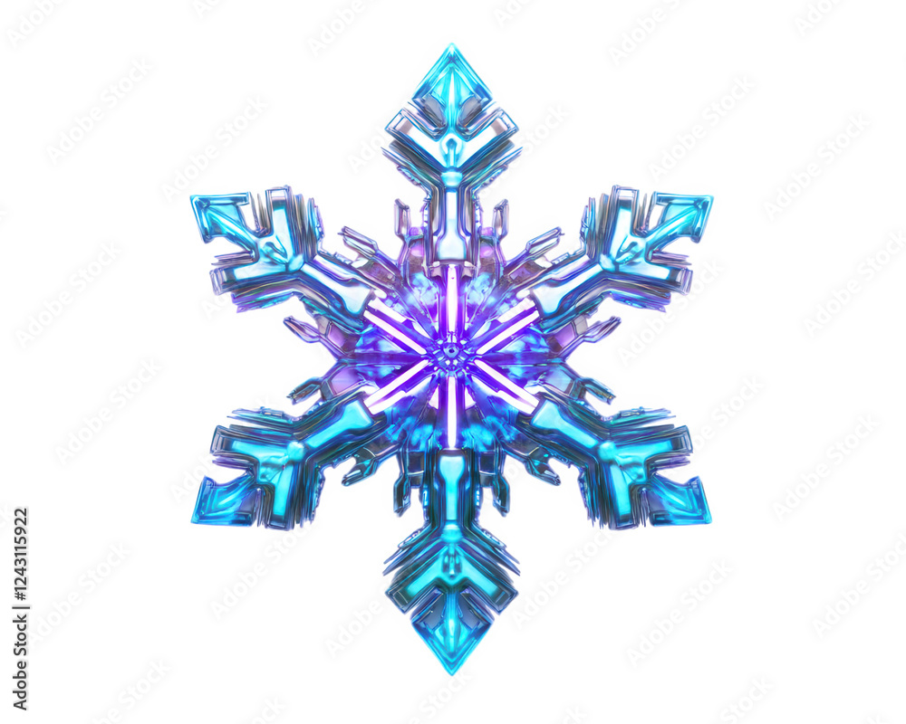 glowing neon snowflake with futuristic design, radiating vibrant colors and intricate patterns, evokes sense of wonder and magic