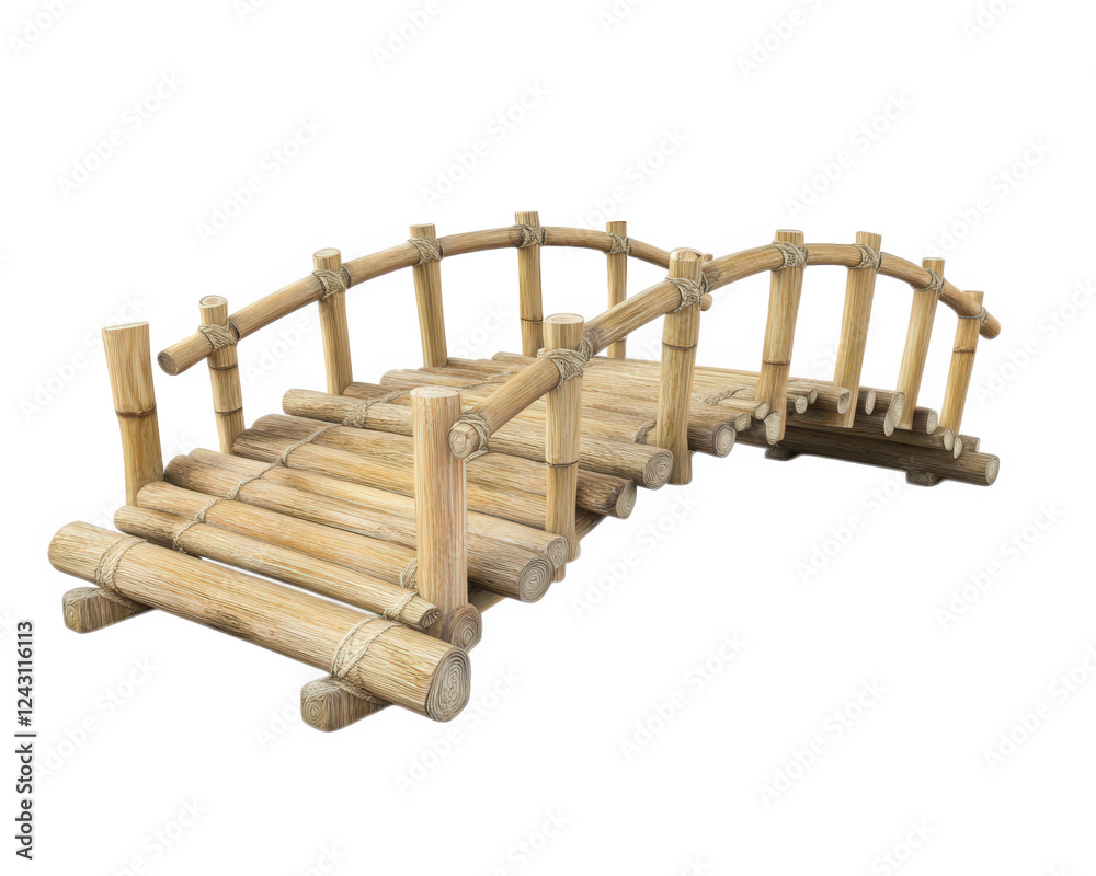 simple bamboo bridge designed for crossing river, showcasing eco friendly construction and natural materials. This bridge adds charm to any landscape