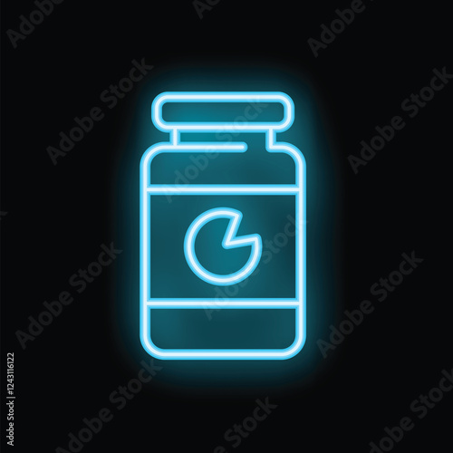 Blue neon sign of a jar of whey protein powder with a pie chart, glowing on a black background