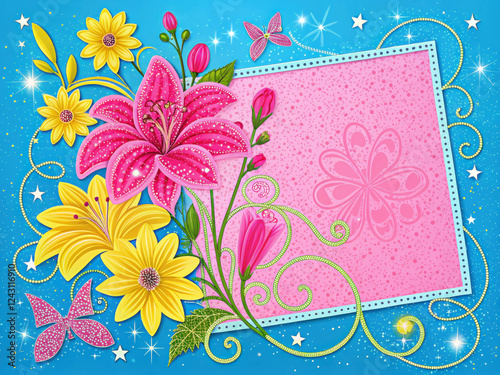  Beautiful spring greeting card with flowers and frame. Template for congratulating a woman