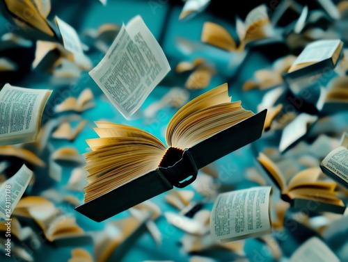 A surreal library where ancient books hover in midair, their pages turning by an unseen force