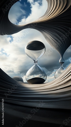 A surreal realm where massive floating hourglasses slowly turn, dictating the rhythm of time itself