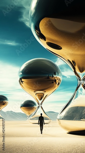 A surreal realm where massive floating hourglasses slowly turn, dictating the rhythm of time itself