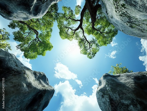 A surreal sky garden where trees grow upsidedown from floating boulders, their branches stretching toward the stars photo