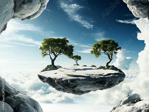 A surreal sky garden where trees grow upsidedown from floating boulders, their branches stretching toward the stars photo