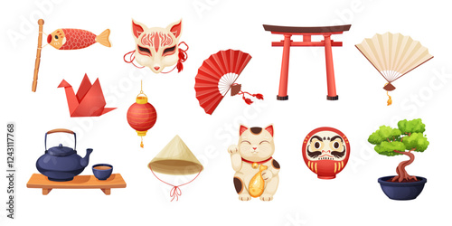 Japan set with traditional elements bonsai tree, koinobori flag, fun, maneki neko cat, origami crane and teapot with tea cups isolated on white background.
