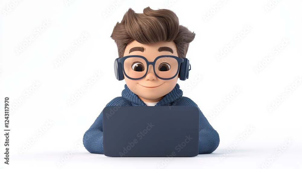 Cheerful Cartoon Boy Using Laptop, 3D Render Cheerful Cartoon Boy Using Laptop, 3D Render