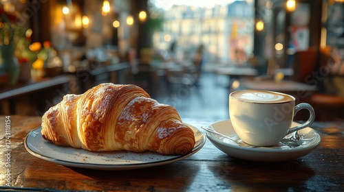 A French croissant with coffee at a Parisian cafÃ