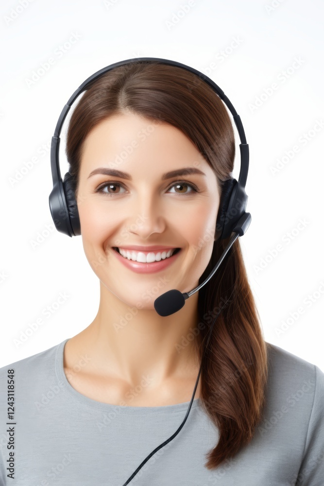smiling woman with headset on, looking at camera smiling woman with headset on, looking at camera
