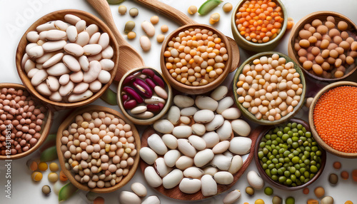 Plano cenital de legumbres variadas, lentejas, judias, garbanzos, guisantes sobre una mesa blanca