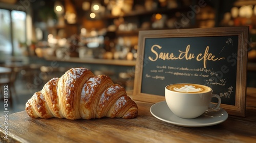 A French croissant with coffee at a Parisian cafÃ