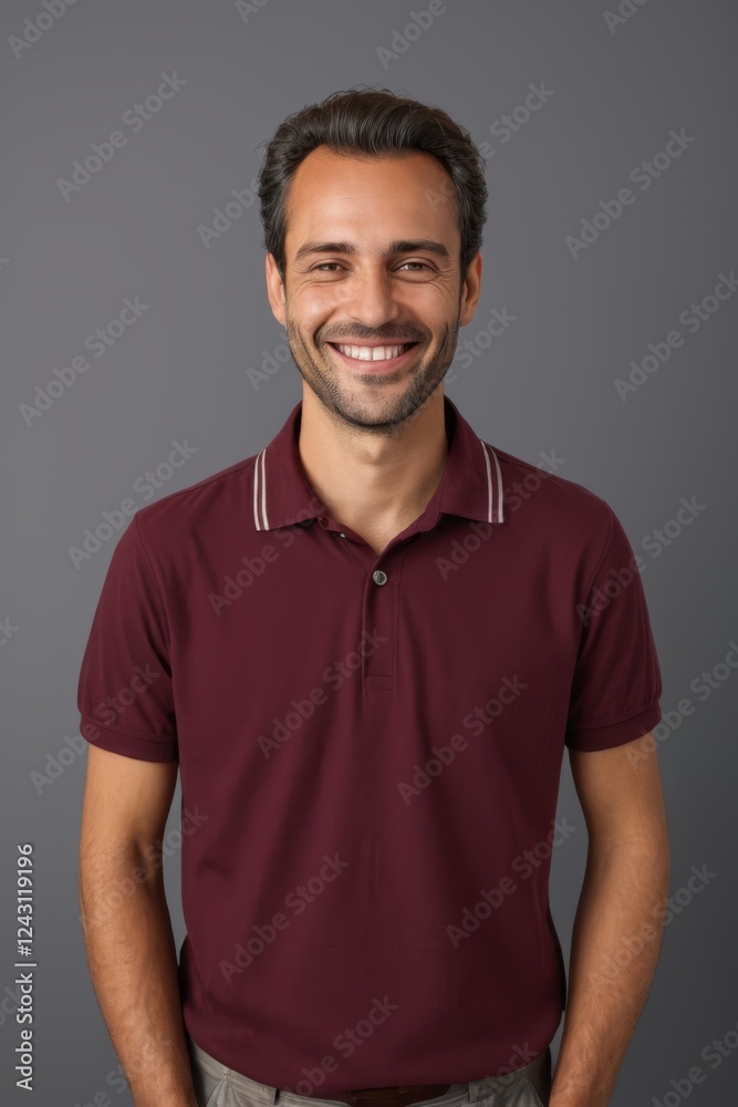 smiling man in maroon shirt with white trim and grey pants smiling man in maroon shirt with white trim and grey pants
