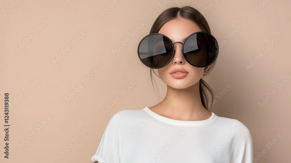 Woman in White T-Shirt with Oversized Black Sunglasses Woman in White T-Shirt with Oversized Black Sunglasses
