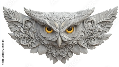 Stylized owl sculpture with spread wings and detailed feather patterns, isolated against white photo