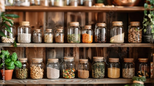 Wallpaper Mural different types and sizes of glass jars filled with nuts, seeds, and beans on wooden shelves in the kitchen Torontodigital.ca