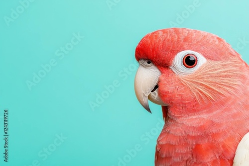 Bright pink parrot with vibrant feathers against a teal background, showcasing its captivating profile and expressive eyes, perfect for wildlife and nature themed projects photo