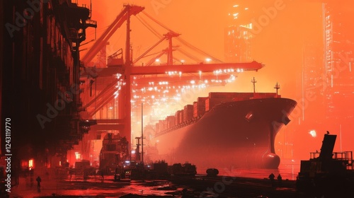 A shipyard with massive container ships being loaded by automated cranes.  photo