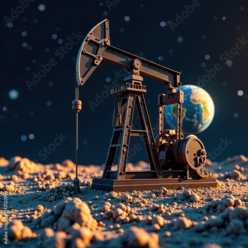 An oil rig pumps oil on the moon, against the background of planet earth in the distance, the concept of mining in space