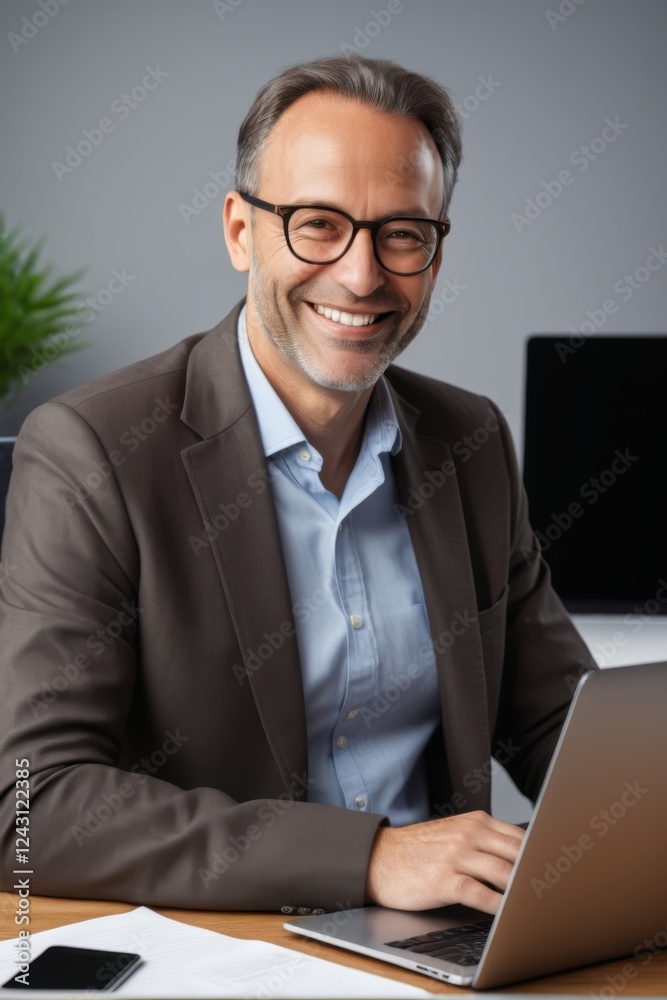 smiling man in suit and glasses sitting at a desk with a laptop smiling man in suit and glasses sitting at a desk with a laptop