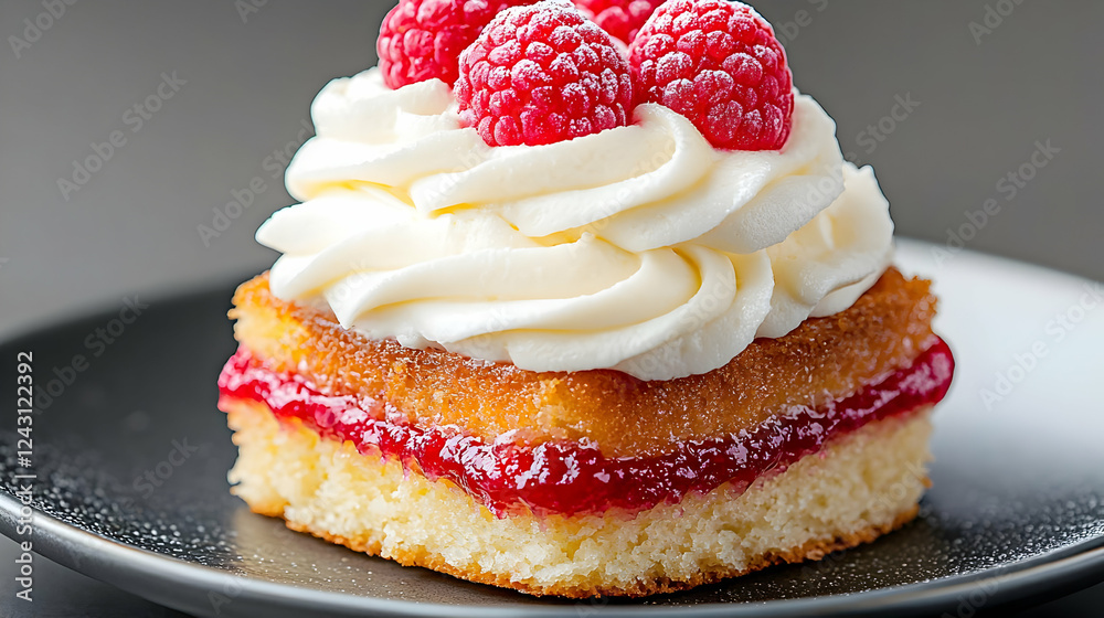 Raspberry cake dessert, creamy frosting, close-up, food photography Raspberry cake dessert, creamy frosting, close-up, food photography