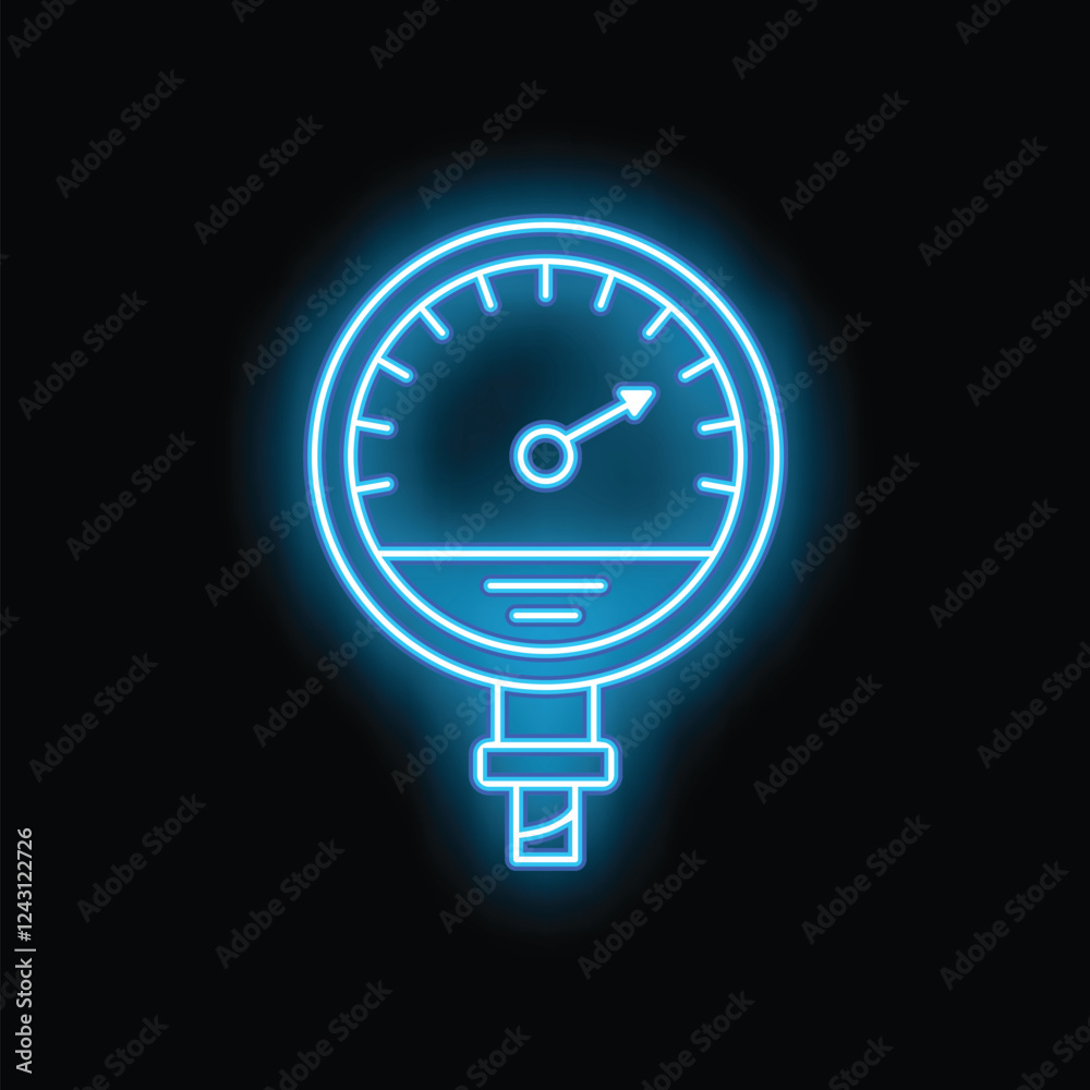 Φωτογραφία Blue neon icon of a pressure gauge glowing on a black background