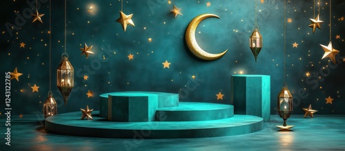 Teal podium, crescent moon, stars, lanterns, night